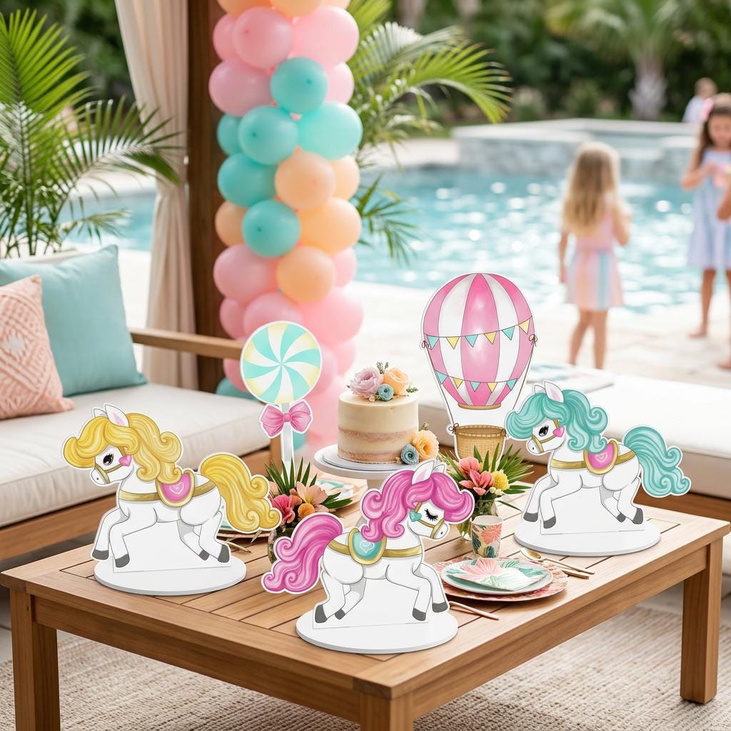 Carnival Double-Sided Table Centerpieces Set 5, Hot Air Balloon, First Birthday, Circus Baby Shower, Nursery Decor, Table Decor, Carousel