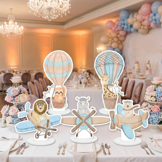 Blue Aviator Animals Double-Sided Table Centerpieces Set 5 — custom party decor, printed and cut to shape