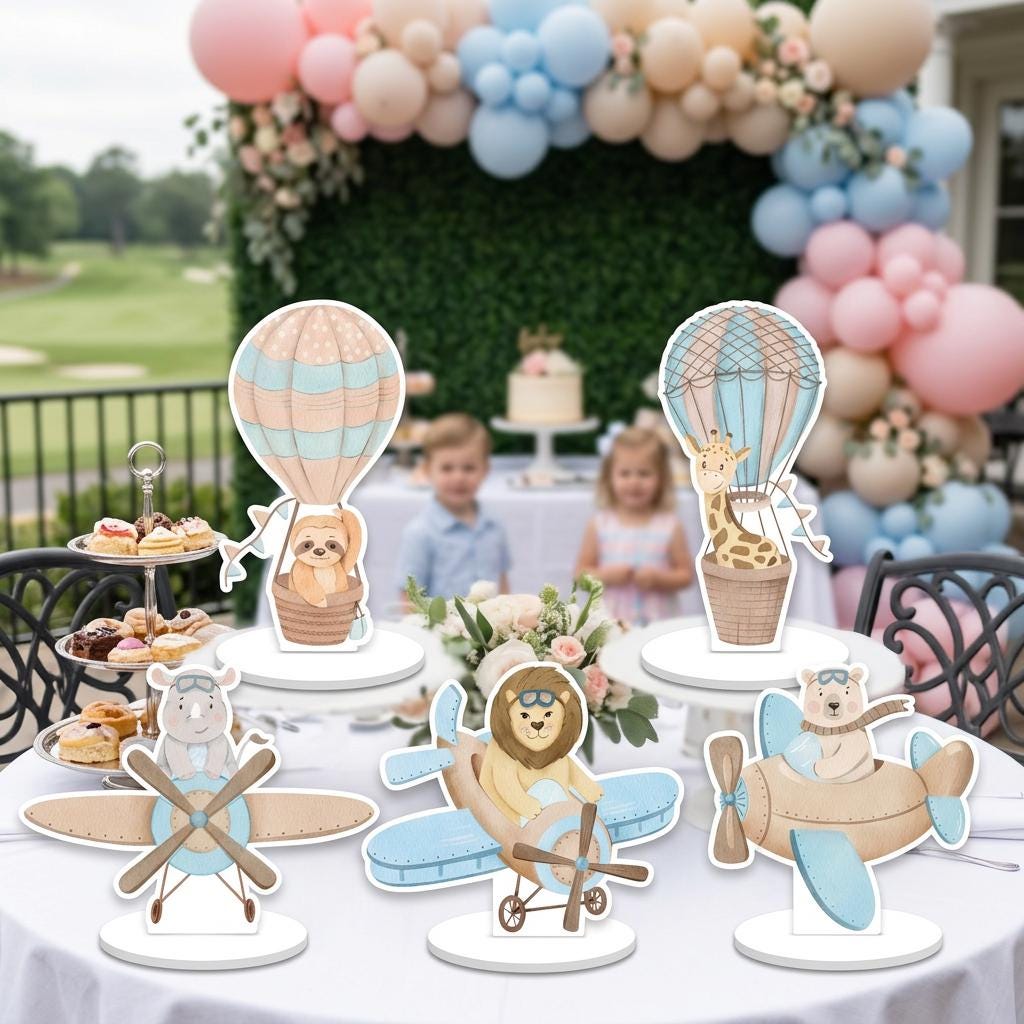 Blue Aviator Animals Double-Sided Table Centerpieces Set 5, Adventure Baby Shower, Nursery Decor, Table Decor, Airplane Birthday Decorations
