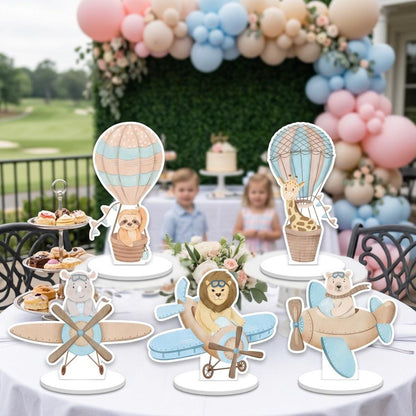 Blue Aviator Animals Double-Sided Table Centerpieces Set 5, Adventure Baby Shower, Nursery Decor, Table Decor, Airplane Birthday Decorations