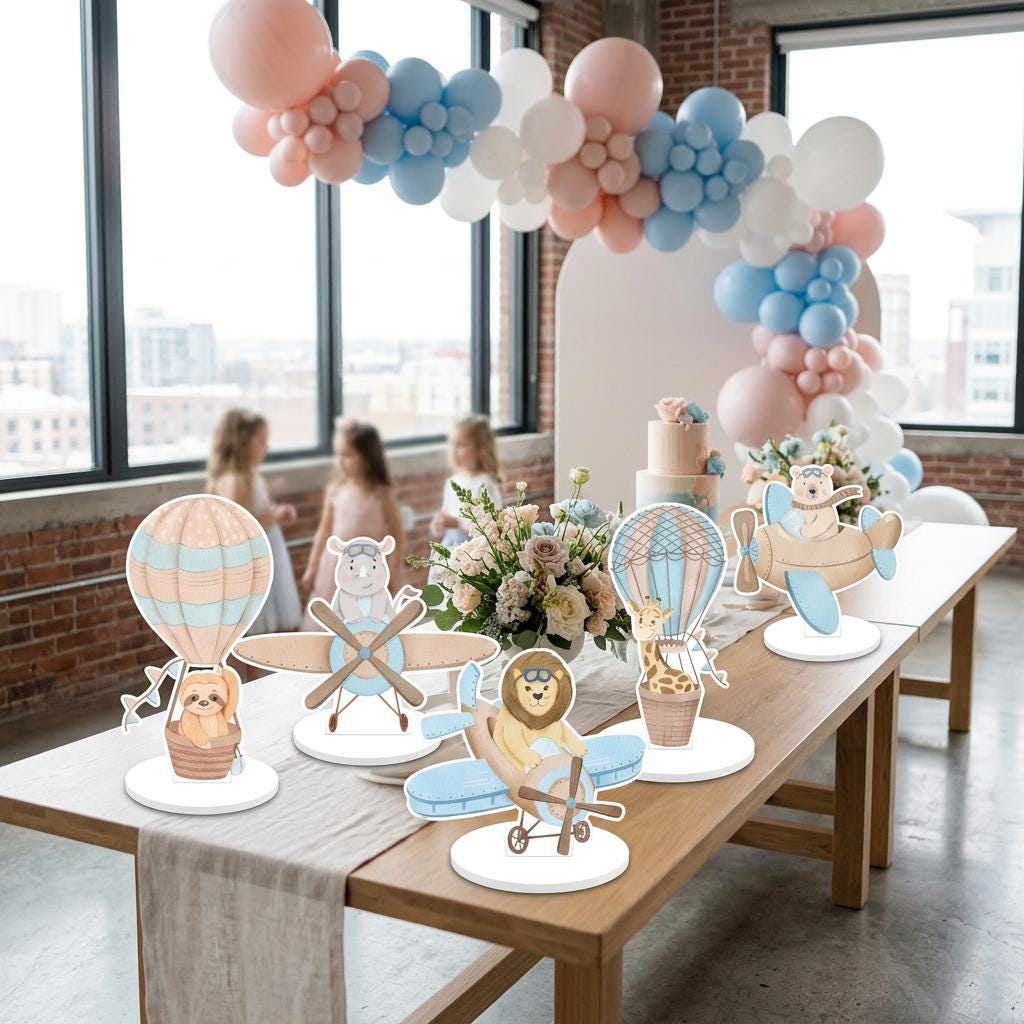 Blue Aviator Animals Double-Sided Table Centerpieces Set 5, Adventure Baby Shower, Nursery Decor, Table Decor, Airplane Birthday Decorations
