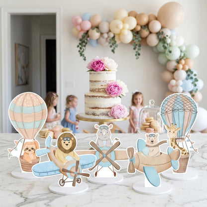 Blue Aviator Animals Double-Sided Table Centerpieces Set 5, Adventure Baby Shower, Nursery Decor, Table Decor, Airplane Birthday Decorations
