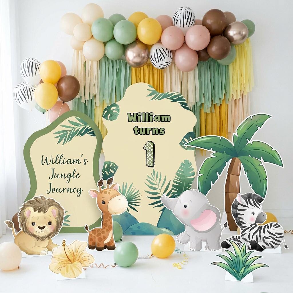 Green Safari Animals Cutouts, Jungle Backdrop, Baby Shower Decor, 1st Birthday, Wild One Birthday
