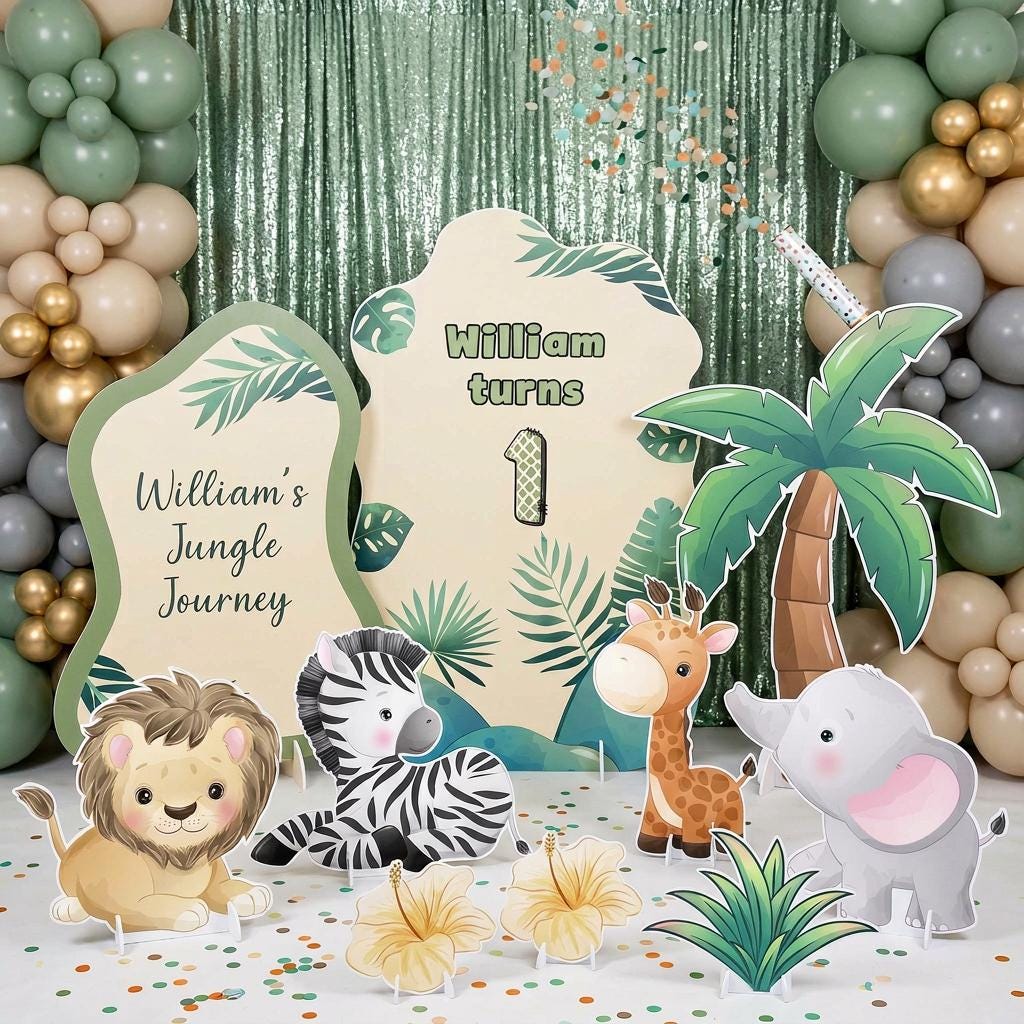 Green Safari Animals Cutouts, Jungle Backdrop, Baby Shower Decor, 1st Birthday, Wild One Birthday