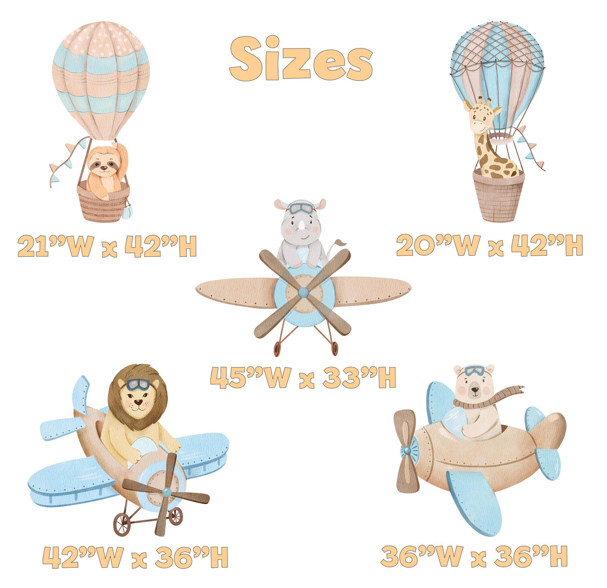 Blue Aviator Animals Set 5 Cutouts, Time flies, Adventure Baby Shower, Hot Air Balloon, Airplane, 1st Birthday Decor, Baby Boy, Centerpieces