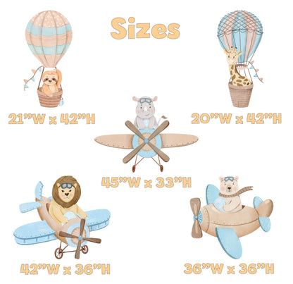 Blue Aviator Animals Set 5 Cutouts, Time flies, Adventure Baby Shower, Hot Air Balloon, Airplane, 1st Birthday Decor, Baby Boy, Centerpieces