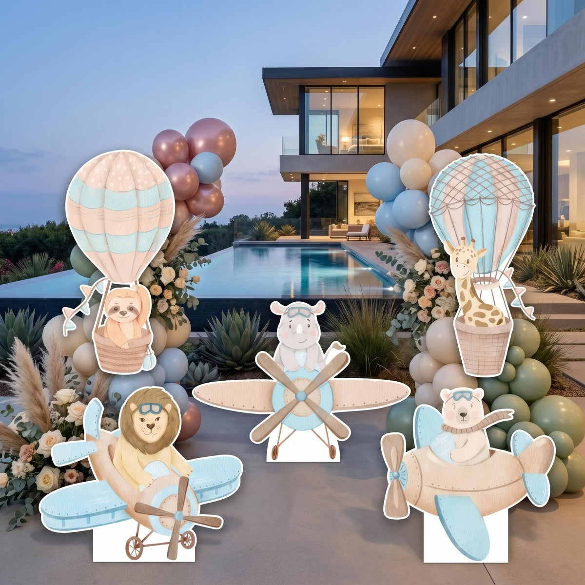Blue Aviator Animals Set 5 Cutouts, Time flies, Adventure Baby Shower, Hot Air Balloon, Airplane, 1st Birthday Decor, Baby Boy, Centerpieces