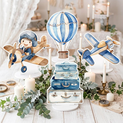 Blue Aviator Boy Double-Sided Table Centerpieces Set 4, Adventure Baby Shower, Clouds Nursery Decor, Table Decor, Birthday Decorations