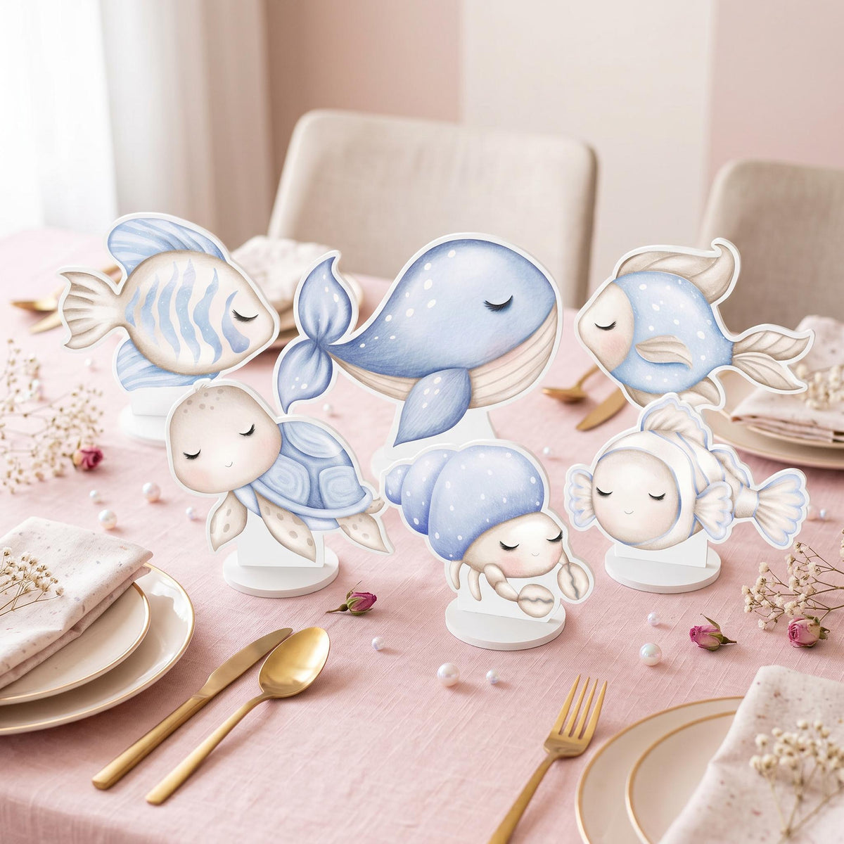 Blue Sea Animals Double-Sided Table Centerpieces Set 6, Baby Shower, Nursery Decor, Table Decor, Birthday Decorations, Under the Sea Party