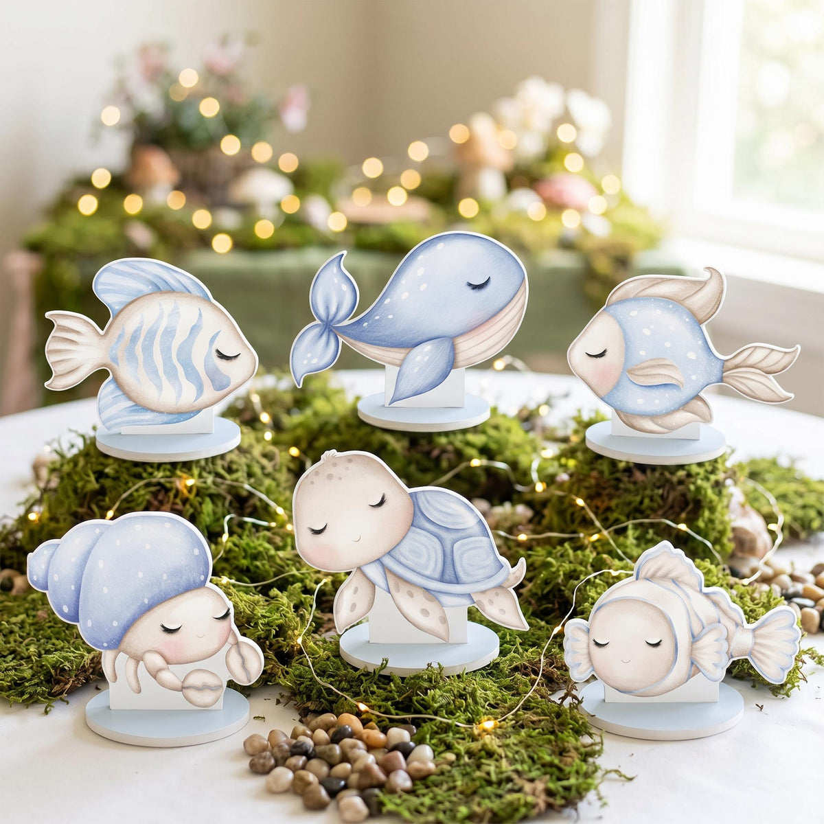Blue Sea Animals Double-Sided Table Centerpieces Set 6, Baby Shower, Nursery Decor, Table Decor, Birthday Decorations, Under the Sea Party