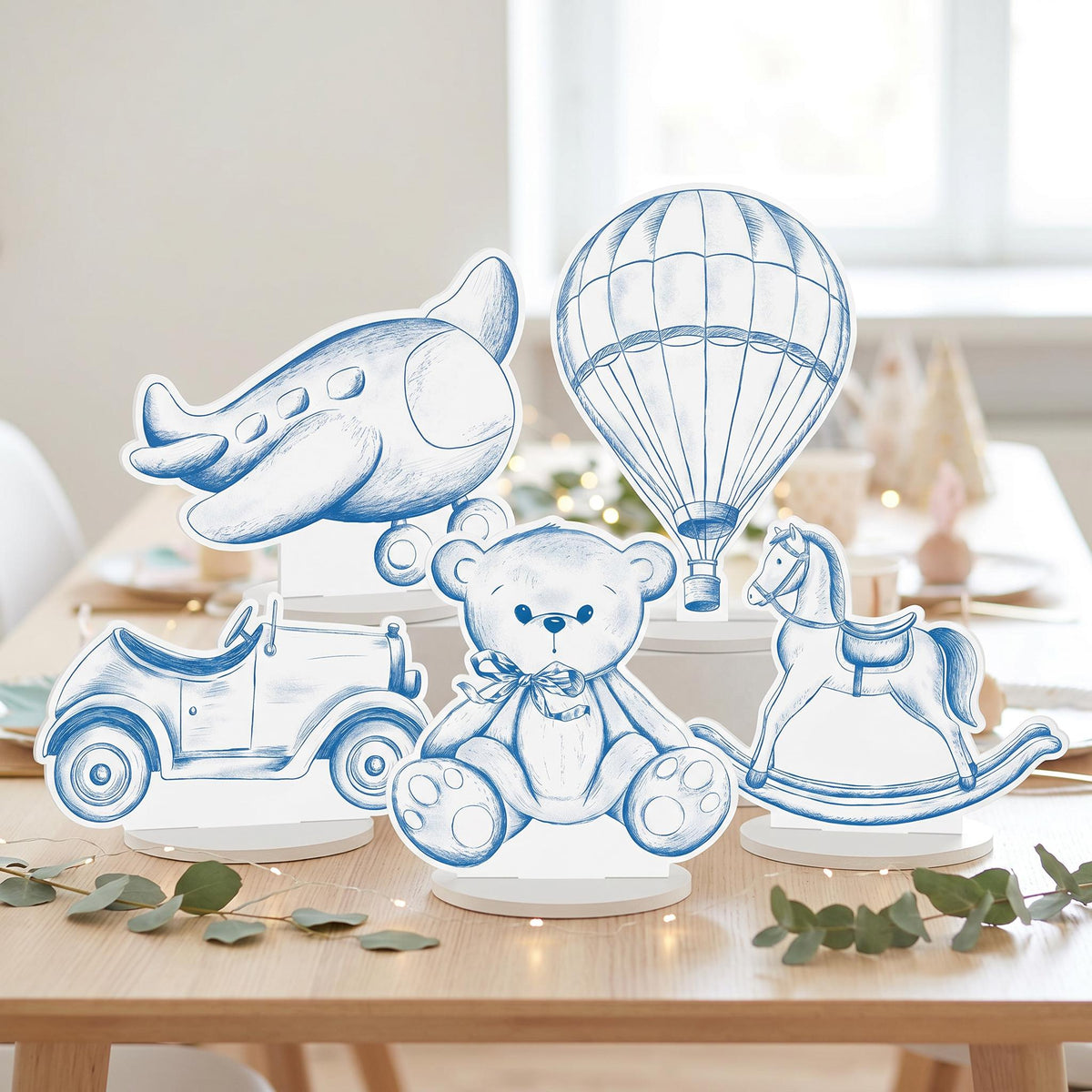 Blue Toile Teddy Bear Double-Sided Table Centerpieces Set 5, Vintage Toys, Chinoiserie Birthday, Baby Shower, Nursery Decor, Table Decor