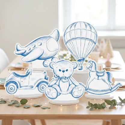 Blue Toile Teddy Bear Double-Sided Table Centerpieces Set 5, Vintage Toys, Chinoiserie Birthday, Baby Shower, Nursery Decor, Table Decor