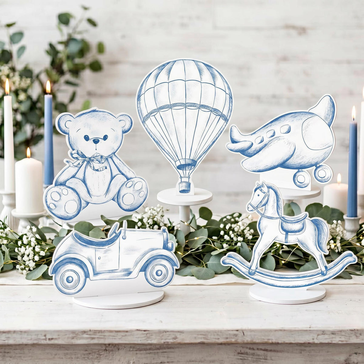 Blue Toile Teddy Bear Double-Sided Table Centerpieces Set 5 — custom party decor, printed and cut to shape