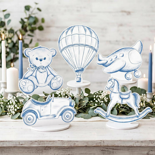 Blue Toile Teddy Bear Double-Sided Table Centerpieces Set 5 — custom party decor, printed and cut to shape