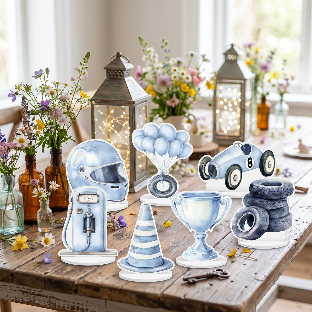 Blue Race Car Double-Sided Table Centerpieces Set 7, Boys Baby Shower, Nursery Decor, Table Decor, Birthday Decorations, Vintage Cars