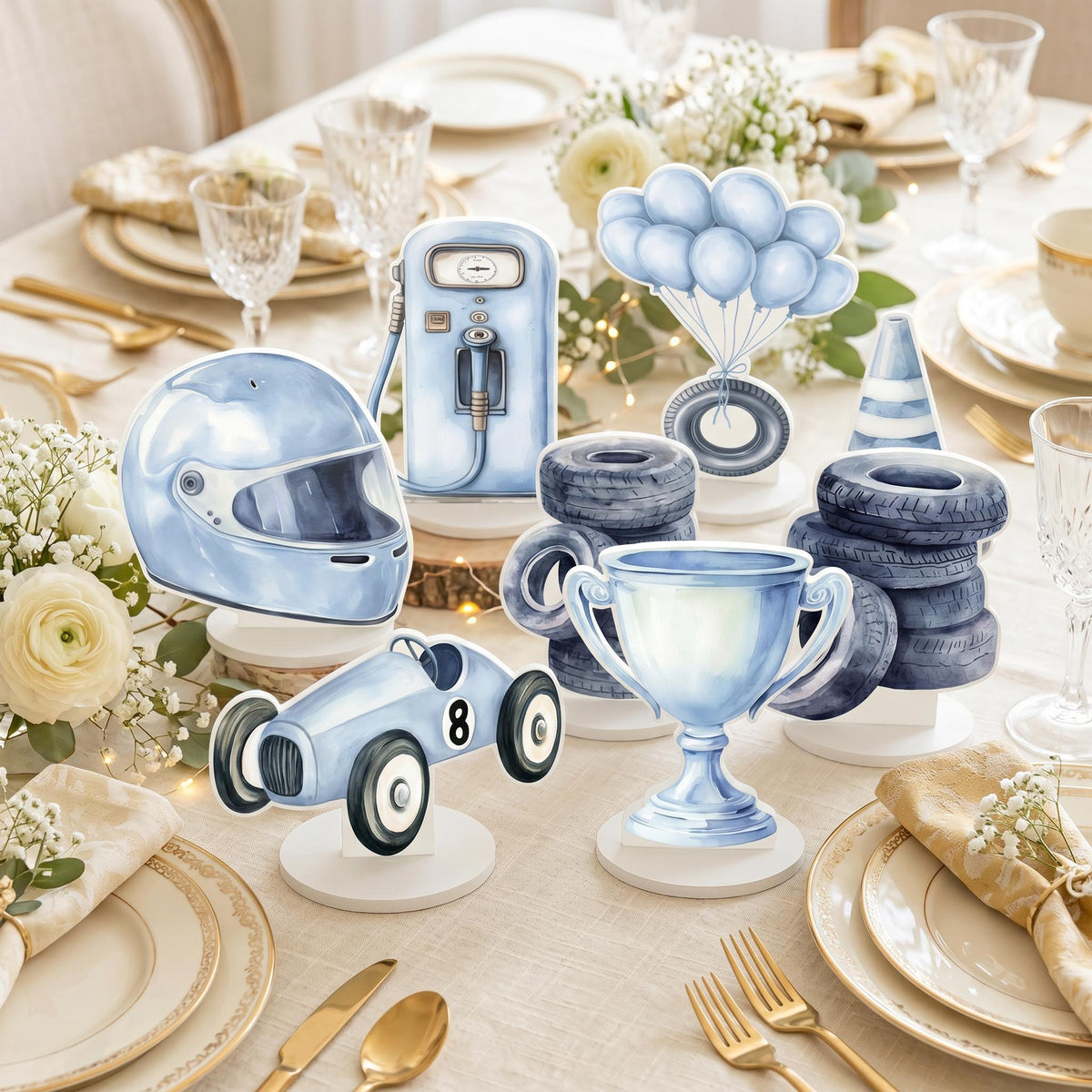 Blue Race Car Double-Sided Table Centerpieces Set 7, Boys Baby Shower, Nursery Decor, Table Decor, Birthday Decorations, Vintage Cars