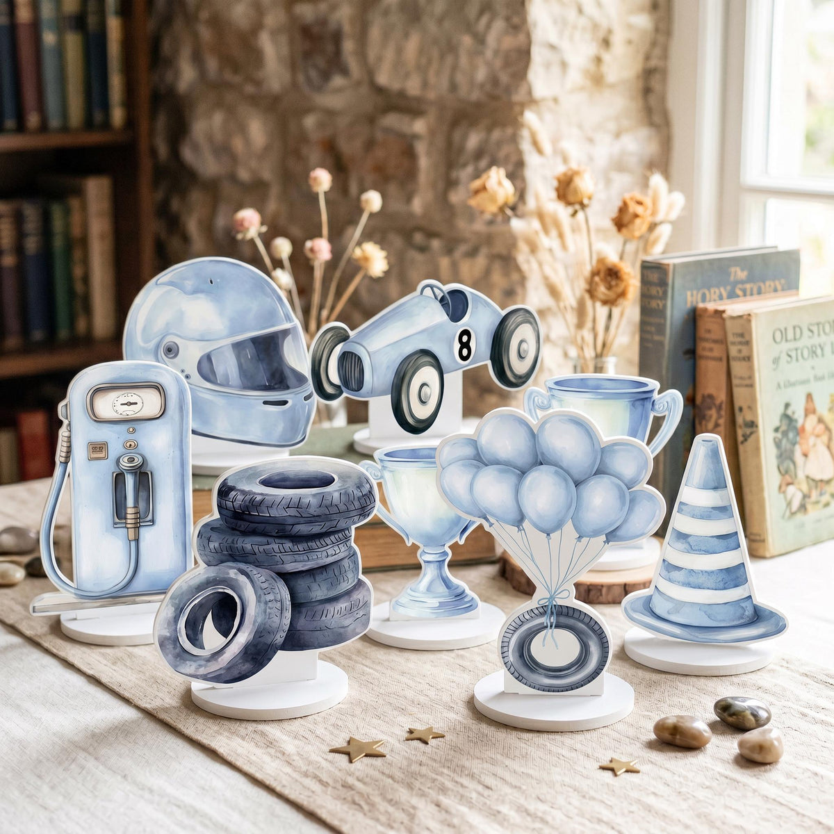 Blue Race Car Double-Sided Table Centerpieces Set 7, Boys Baby Shower, Nursery Decor, Table Decor, Birthday Decorations, Vintage Cars