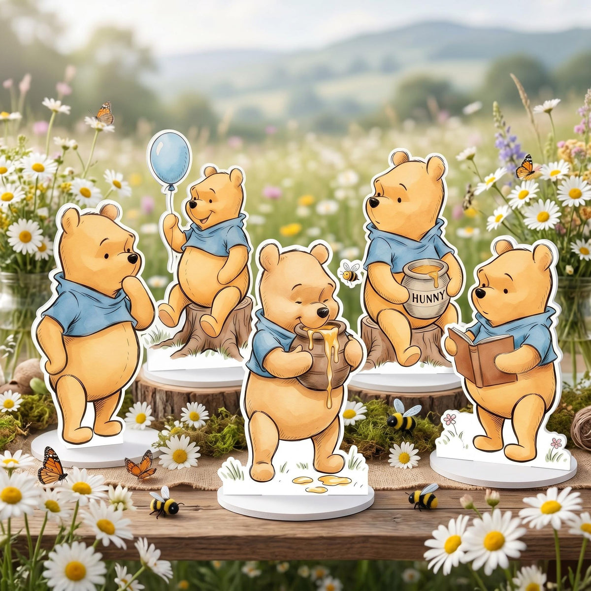 Classic Honey Bear and Friends Double-Sided Table Centerpieces Set 6 (Four-Bear Set), Baby Shower, Nursery Decor, Table Decor, Birthday Decorations