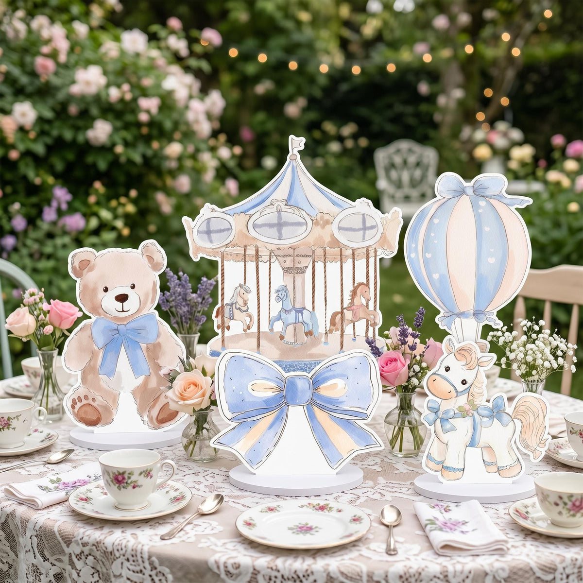 Blue Teddy Bear Double-Sided Table Centerpieces Set 5, Hot Air Balloon, Boys Birthday, Baby Shower, Nursery Decor, Table Decor, Carousel