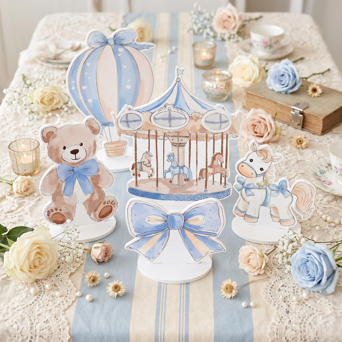 Blue Teddy Bear Double-Sided Table Centerpieces Set 5, Hot Air Balloon, Boys Birthday, Baby Shower, Nursery Decor, Table Decor, Carousel