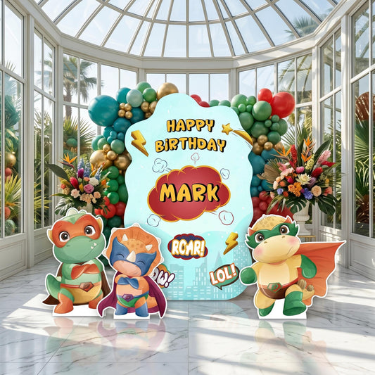 Superhero Dinosaur Party Cutouts — custom party decor, printed and cut to shape