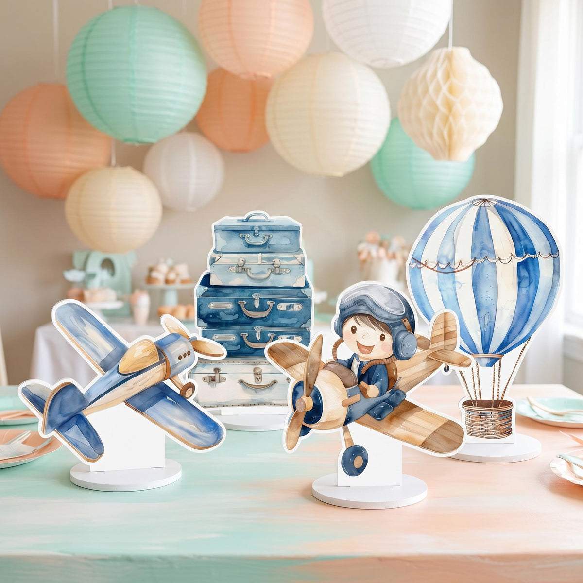 Blue Aviator Boy Double-Sided Table Centerpieces Set 4, Adventure Baby Shower, Clouds Nursery Decor, Table Decor, Birthday Decorations