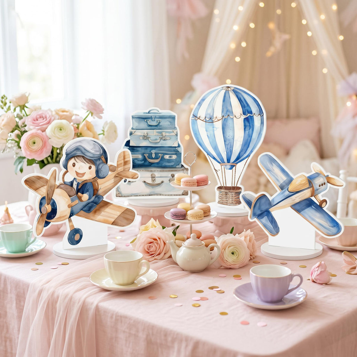 Blue Aviator Boy Double-Sided Table Centerpieces Set 4, Adventure Baby Shower, Clouds Nursery Decor, Table Decor, Birthday Decorations