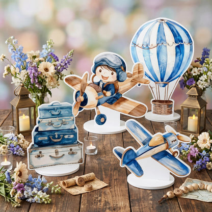 Blue Aviator Boy Double-Sided Table Centerpieces Set 4, Adventure Baby Shower, Clouds Nursery Decor, Table Decor, Birthday Decorations
