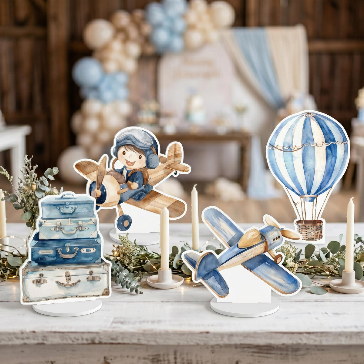 Blue Aviator Boy Double-Sided Table Centerpieces Set 4, Adventure Baby Shower, Clouds Nursery Decor, Table Decor, Birthday Decorations