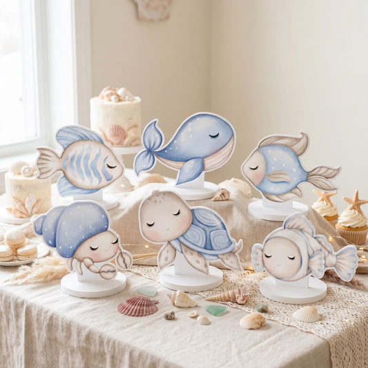 Blue Sea Animals Double-Sided Table Centerpieces Set 6 — custom party decor, printed and cut to shape
