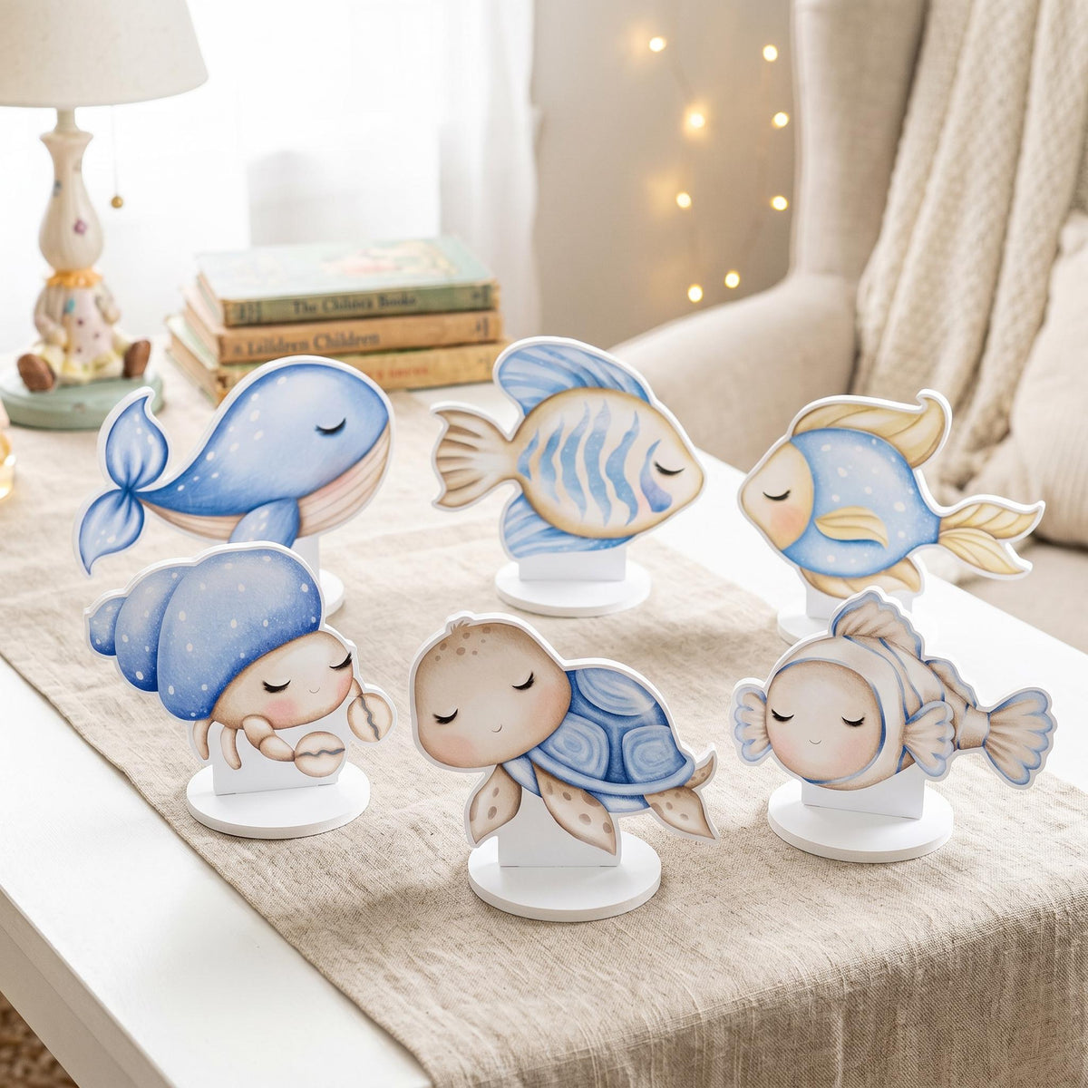 Blue Sea Animals Double-Sided Table Centerpieces Set 6, Baby Shower, Nursery Decor, Table Decor, Birthday Decorations, Under the Sea Party
