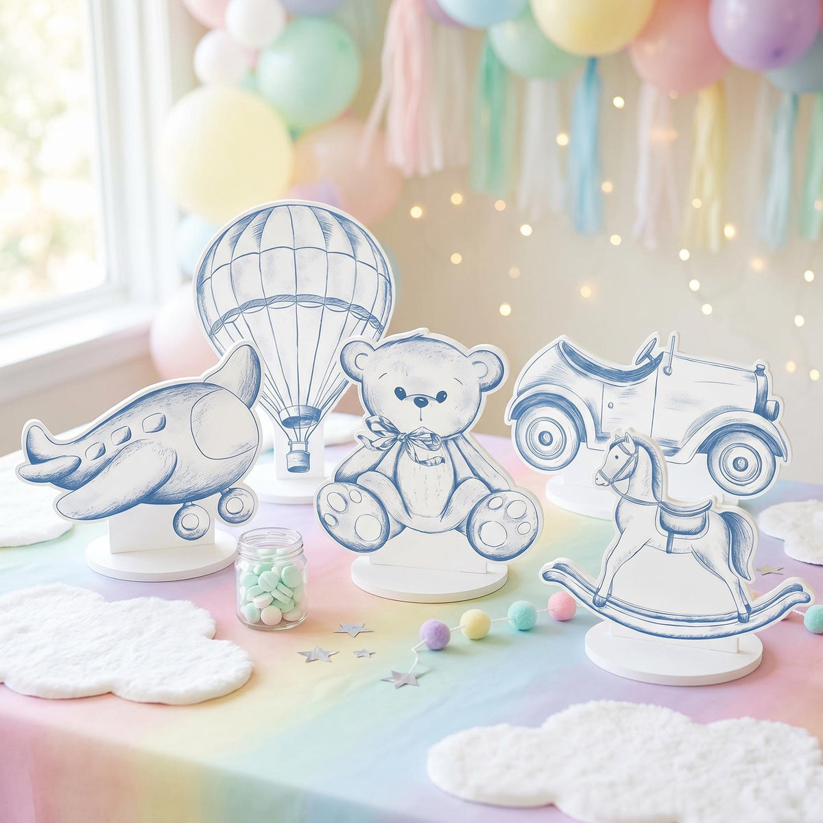 Blue Toile Teddy Bear Double-Sided Table Centerpieces Set 5, Vintage Toys, Chinoiserie Birthday, Baby Shower, Nursery Decor, Table Decor