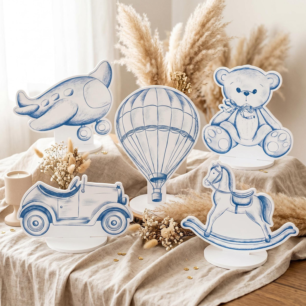 Blue Toile Teddy Bear Double-Sided Table Centerpieces Set 5, Vintage Toys, Chinoiserie Birthday, Baby Shower, Nursery Decor, Table Decor