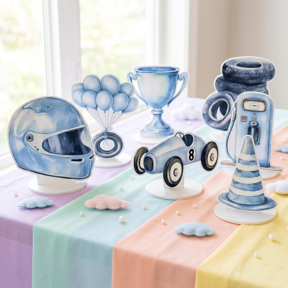 Blue Race Car Double-Sided Table Centerpieces Set 7, Boys Baby Shower, Nursery Decor, Table Decor, Birthday Decorations, Vintage Cars