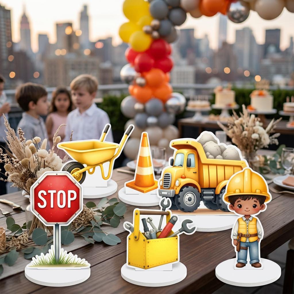 Construction Party Double-Sided Table Centerpieces Set 6, Boy Baby Shower, Nursery Decor, Table Decor, Birthday Decorations