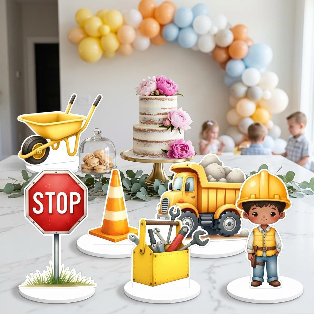 Construction Party Double-Sided Table Centerpieces Set 6, Boy Baby Shower, Nursery Decor, Table Decor, Birthday Decorations