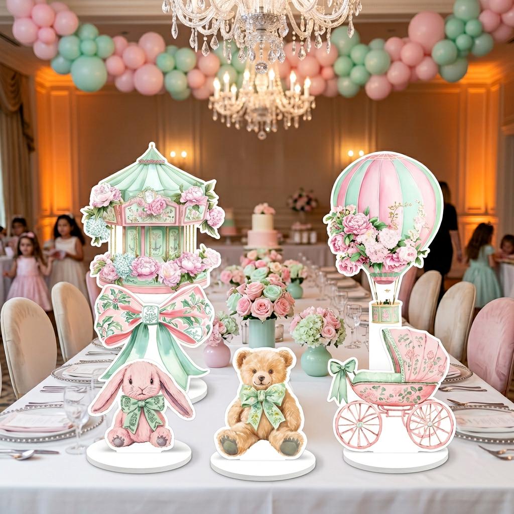 Coquette Gir Double-Sided Table Centerpieces Set 6, Hot Air Balloon, Birthday, Teddy Bear Baby Shower, Nursery Decor, Table Decor, Carousel