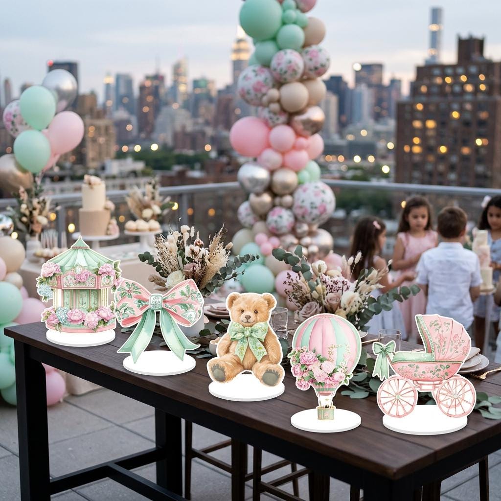 Coquette Gir Double-Sided Table Centerpieces Set 6, Hot Air Balloon, Birthday, Teddy Bear Baby Shower, Nursery Decor, Table Decor, Carousel