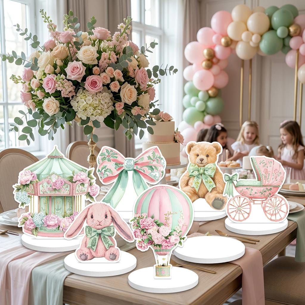 Coquette Gir Double-Sided Table Centerpieces Set 6, Hot Air Balloon, Birthday, Teddy Bear Baby Shower, Nursery Decor, Table Decor, Carousel