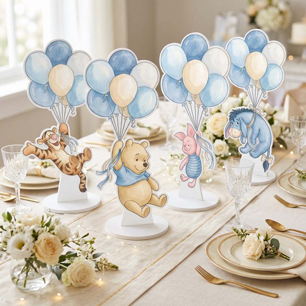 Blue Honey Bear and Friends Double-Sided Table Centerpieces Set 4, Baby Shower, Nursery Decor, Table Decor, Birthday Decorations
