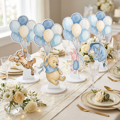 Blue Honey Bear and Friends Double-Sided Table Centerpieces Set 4, Baby Shower, Nursery Decor, Table Decor, Birthday Decorations