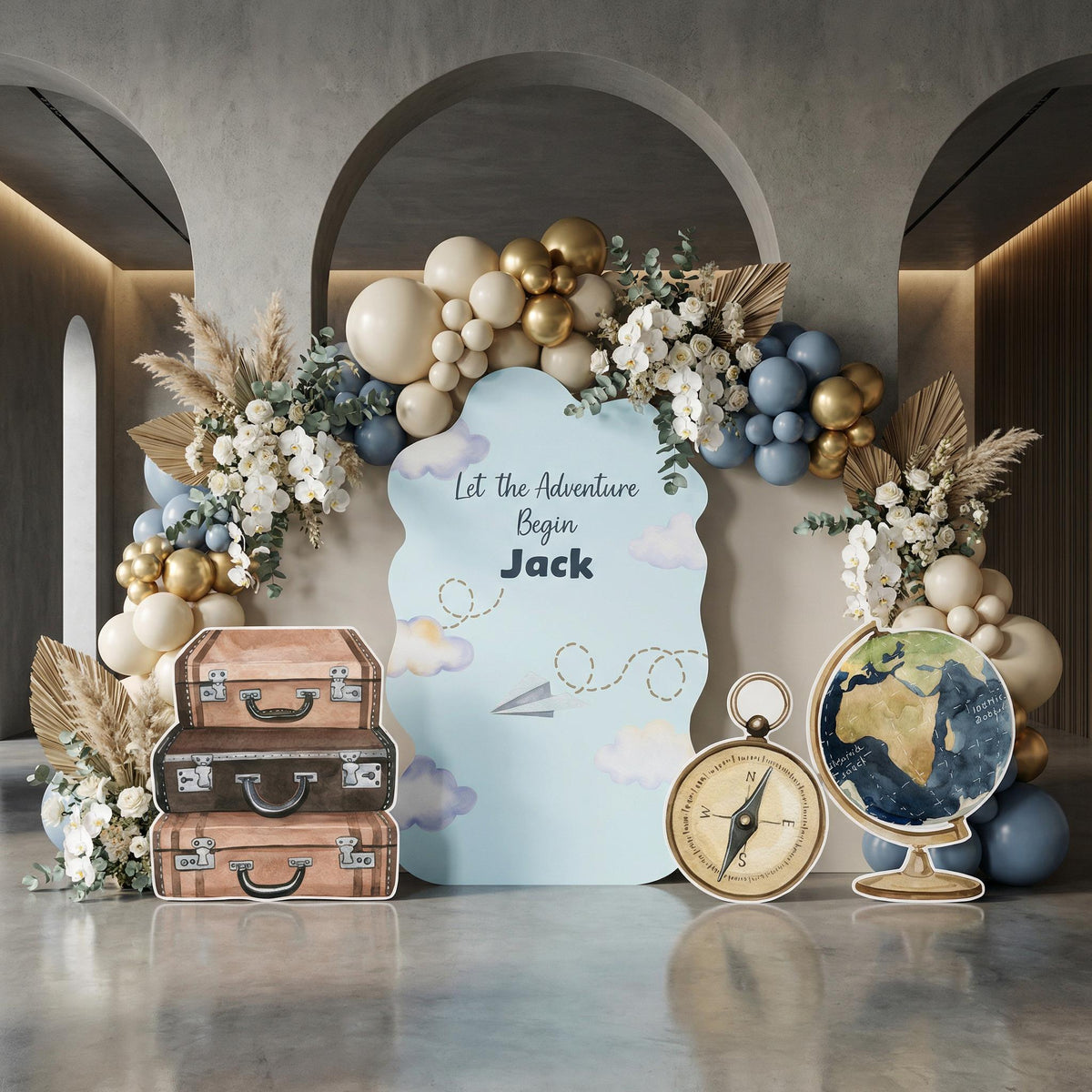 Travel Adventure Cutouts (Cloud Arch & Suitcases), Baby Shower, Airplane Backdrop, Birthday Decor, Baby Boy, Compass Centerpieces