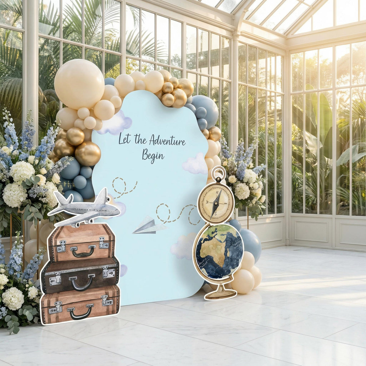 Travel Adventure Cutouts (Cloud Arch & Suitcases), Baby Shower, Airplane Backdrop, Birthday Decor, Baby Boy, Compass Centerpieces