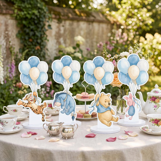 Blue Honey Bear and Friends Double-Sided Table Centerpieces — custom party decor, printed and cut to shape