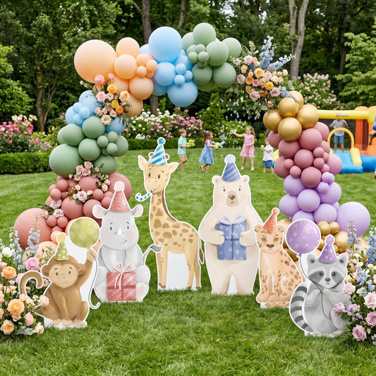 Party Animals Set 6 Birthday Cutouts — custom party decor, printed and cut to shape
