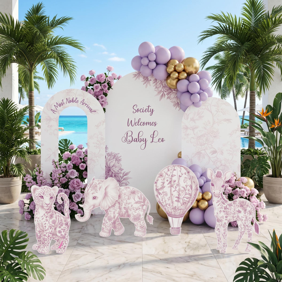 Pink Toile Safari Animals Cutouts, Chinoiserie, Toile de Jouy Backdrop, Baby Shower Decor, 1st Birthday, Baby Girl