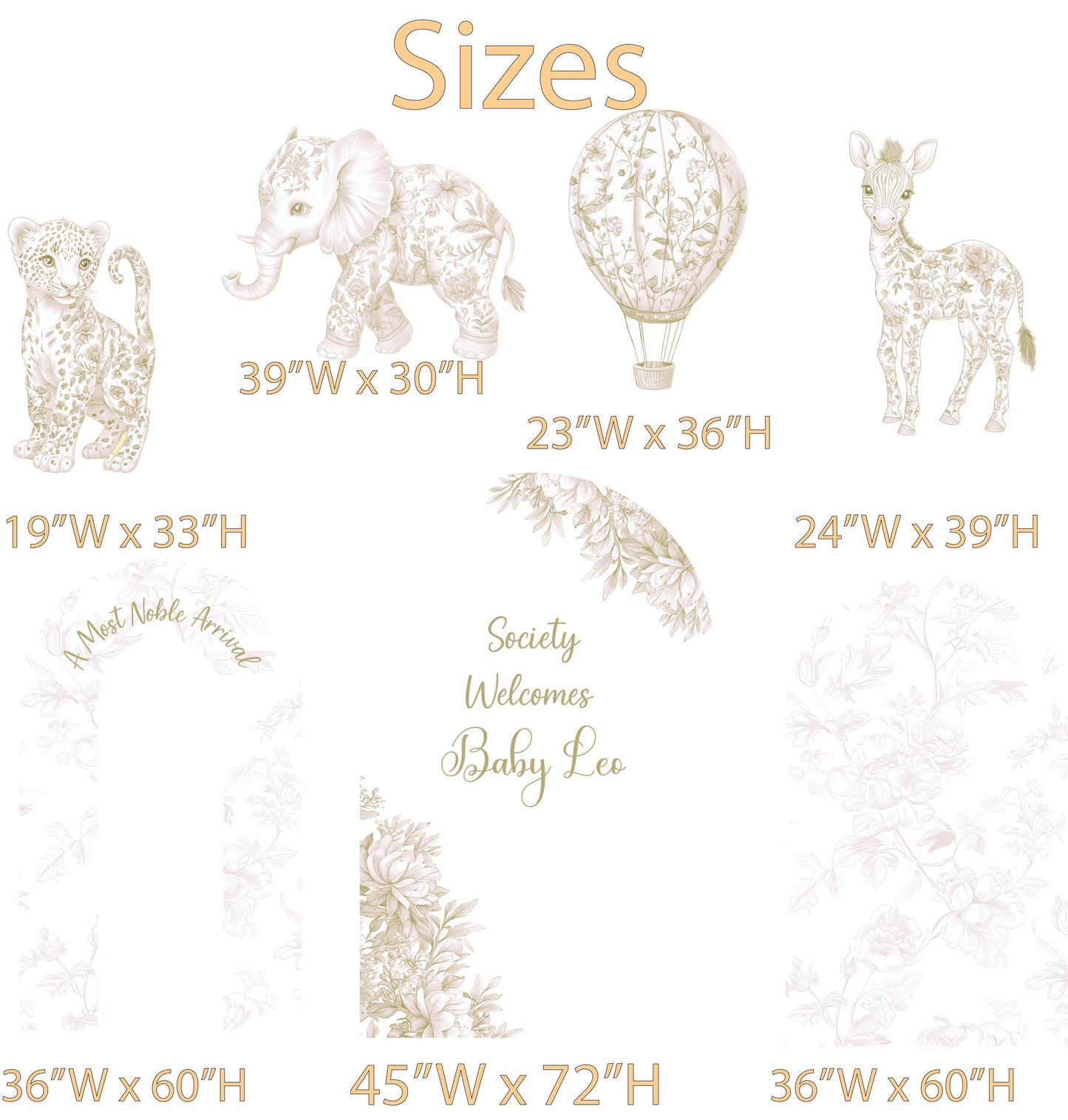 Beige Toile Safari Animals Cutouts, Chinoiserie, Neutral Toile de Jouy Backdrop, Baby Shower Decor, 1st Birthday, Gender Neutral