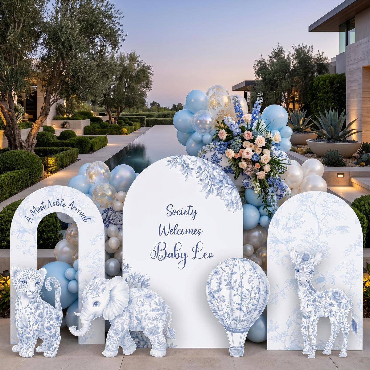 Blue Toile Safari Animals Cutouts, Chinoiserie, Toile de Jouy Backdrop, Baby Shower Decor, 1st Birthday, Baby Boy
