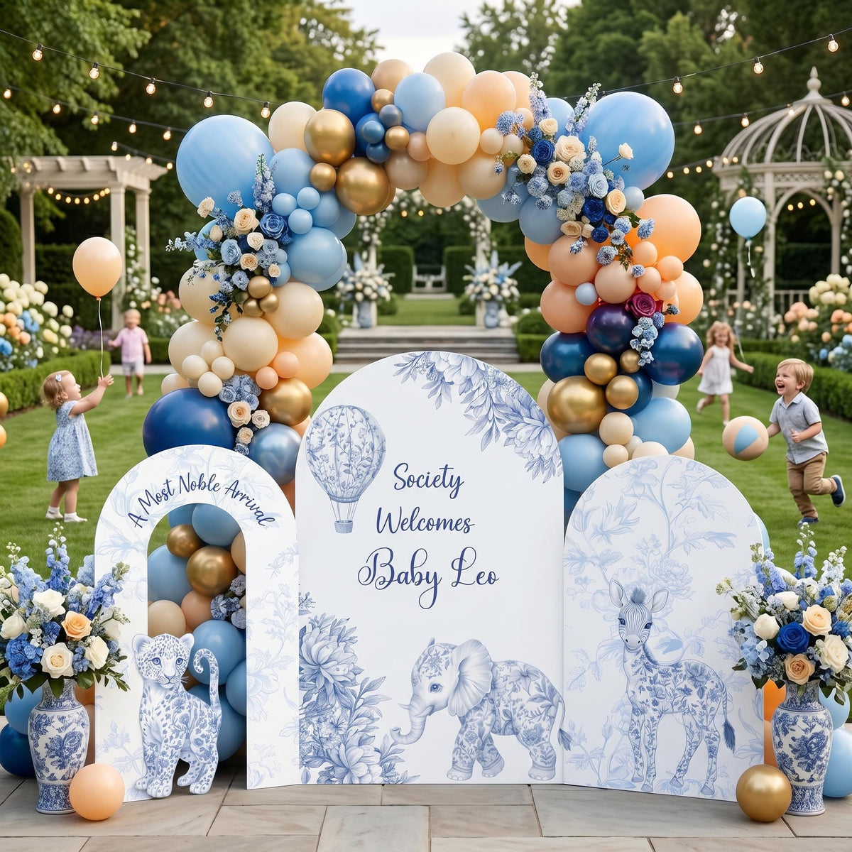 Blue Toile Safari Animals Cutouts, Chinoiserie, Toile de Jouy Backdrop, Baby Shower Decor, 1st Birthday, Baby Boy