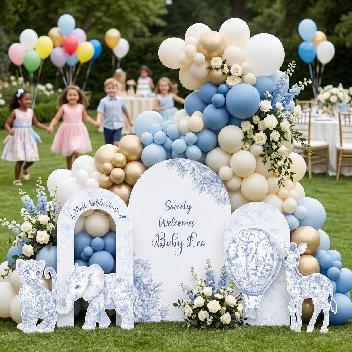 Blue Toile Safari Animals Cutouts, Chinoiserie, Toile de Jouy Backdrop, Baby Shower Decor, 1st Birthday, Baby Boy